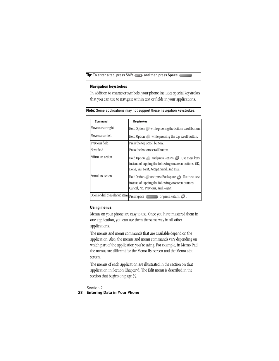 Navigation keystrokes, Using menus, Navigation keystrokes using menus | Handspring Treo 300 User Manual | Page 36 / 286