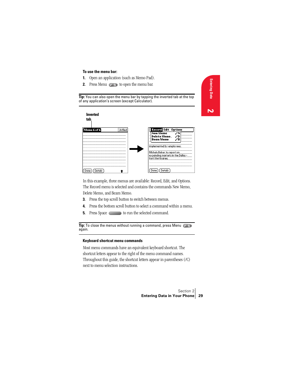 Keyboard shortcut menu commands | Handspring Treo 300 User Manual | Page 37 / 286