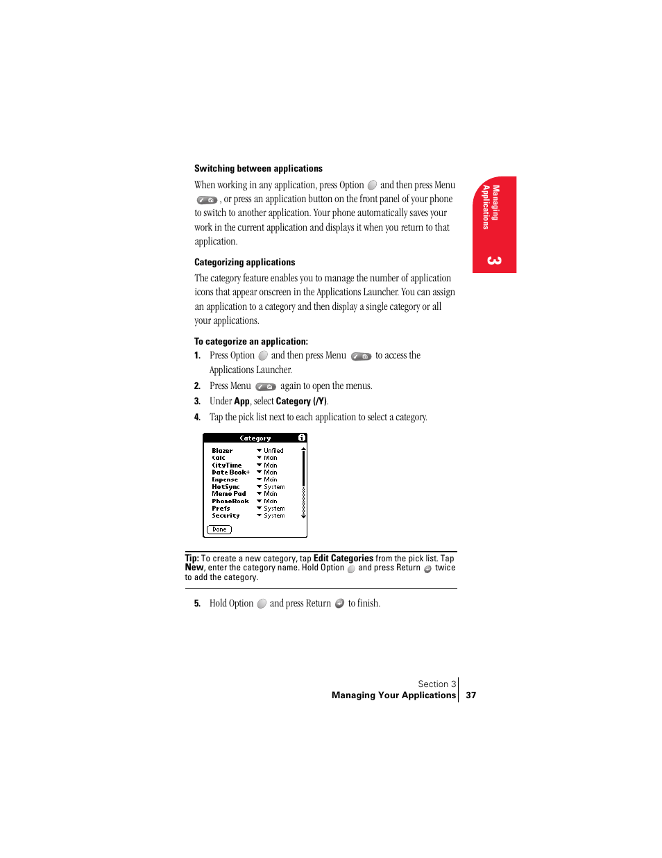 Switching between applications, Categorizing applications | Handspring Treo 300 User Manual | Page 45 / 286