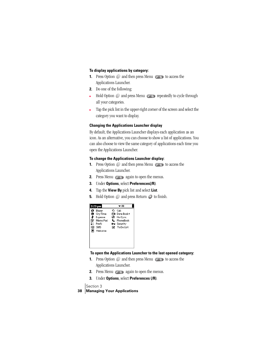 Changing the applications launcher display | Handspring Treo 300 User Manual | Page 46 / 286