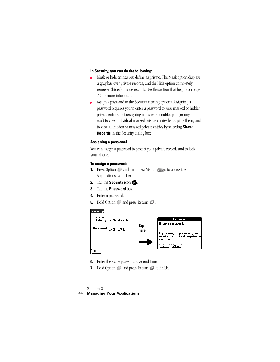 In security, you can do the following, Assigning a password | Handspring Treo 300 User Manual | Page 52 / 286