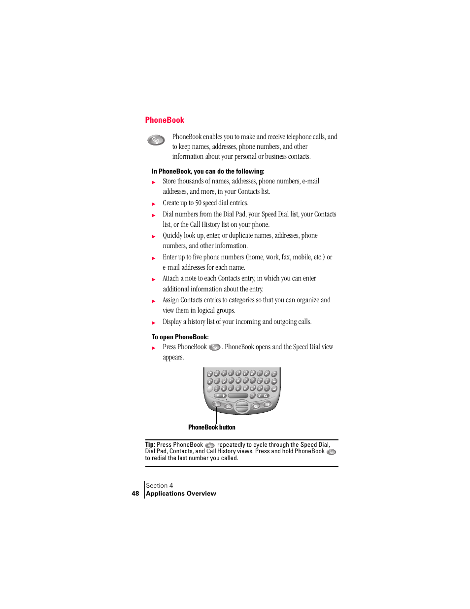 Phonebook, In phonebook, you can do the following, Create up to 50 speed dial entries | Phonebook button | Handspring Treo 300 User Manual | Page 56 / 286