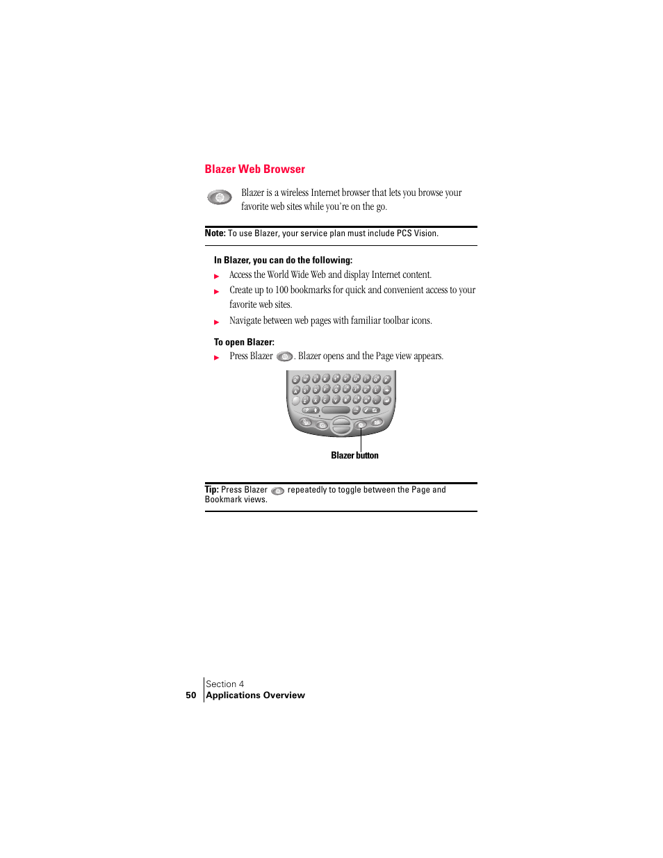 Blazer web browser, In blazer, you can do the following, Blazer button | Handspring Treo 300 User Manual | Page 58 / 286