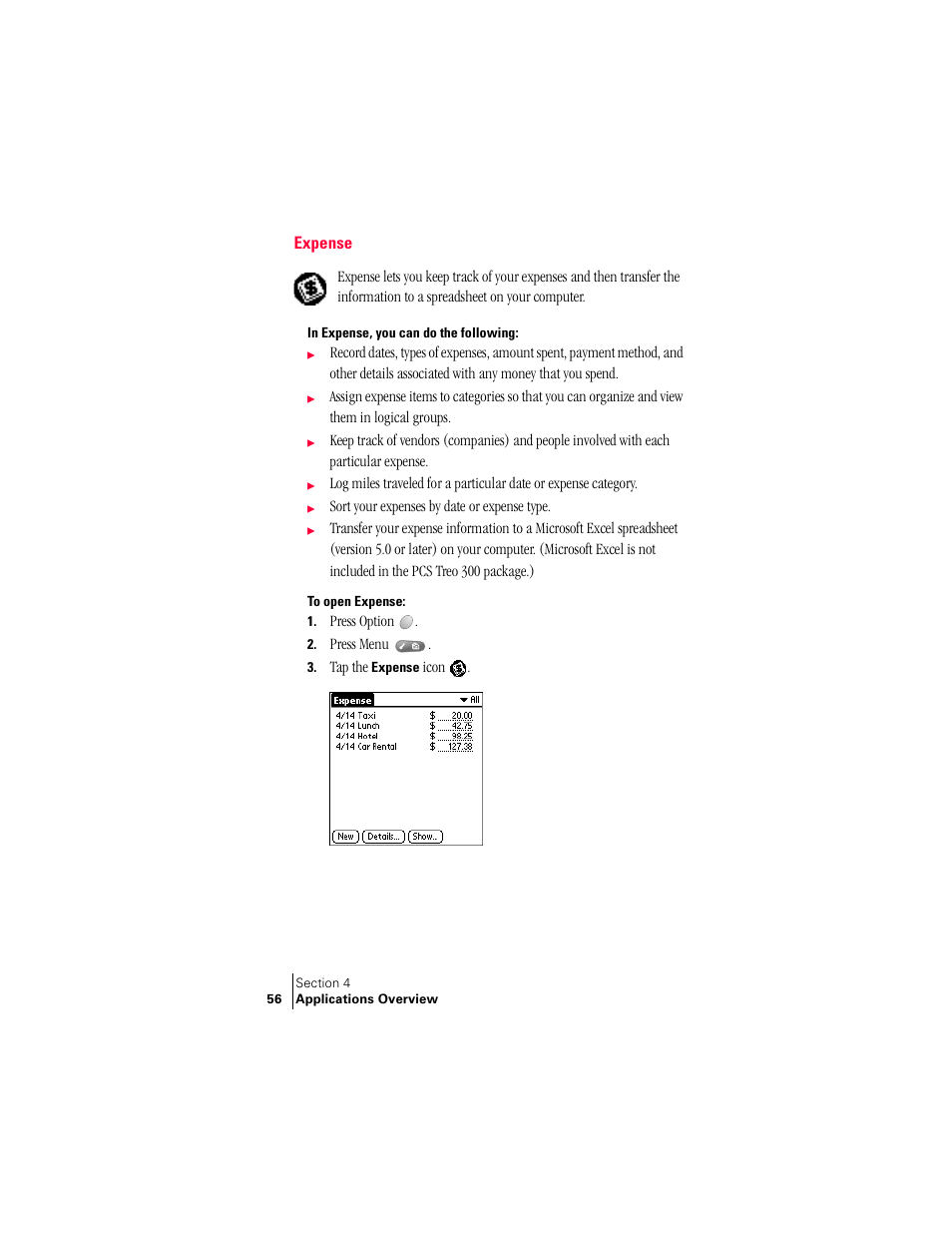 Expense, In expense, you can do the following | Handspring Treo 300 User Manual | Page 64 / 286