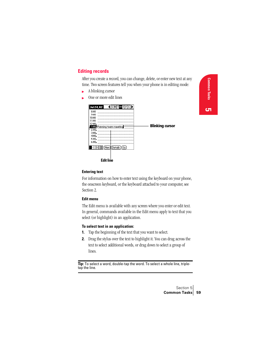 Editing records, Entering text, Edit menu | Entering text edit menu | Handspring Treo 300 User Manual | Page 67 / 286