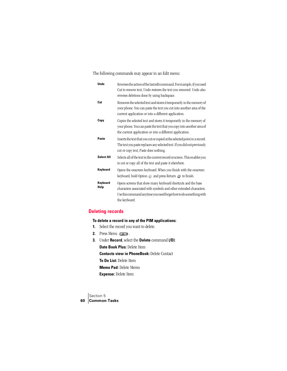 Deleting records | Handspring Treo 300 User Manual | Page 68 / 286