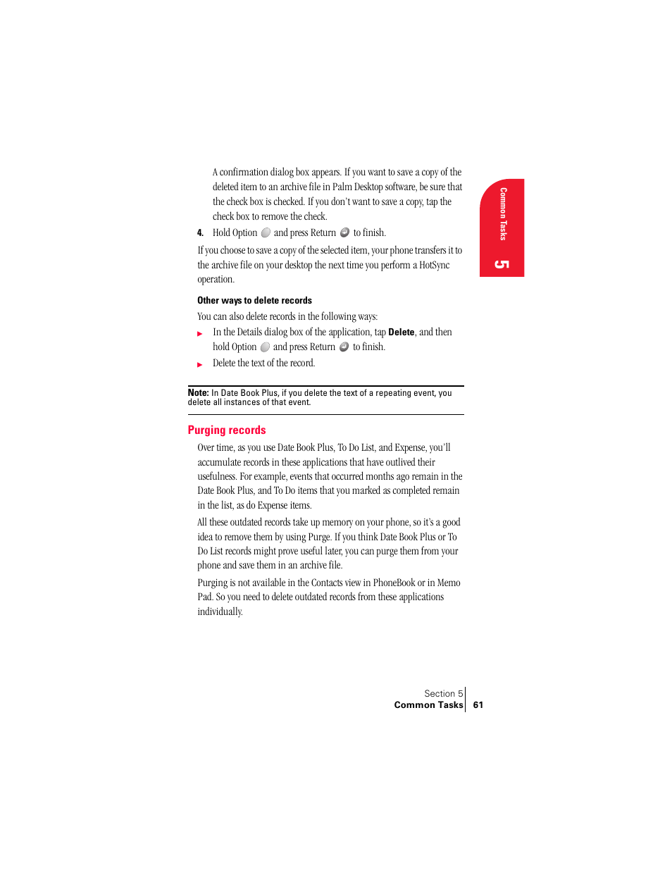 Other ways to delete records, Purging records | Handspring Treo 300 User Manual | Page 69 / 286