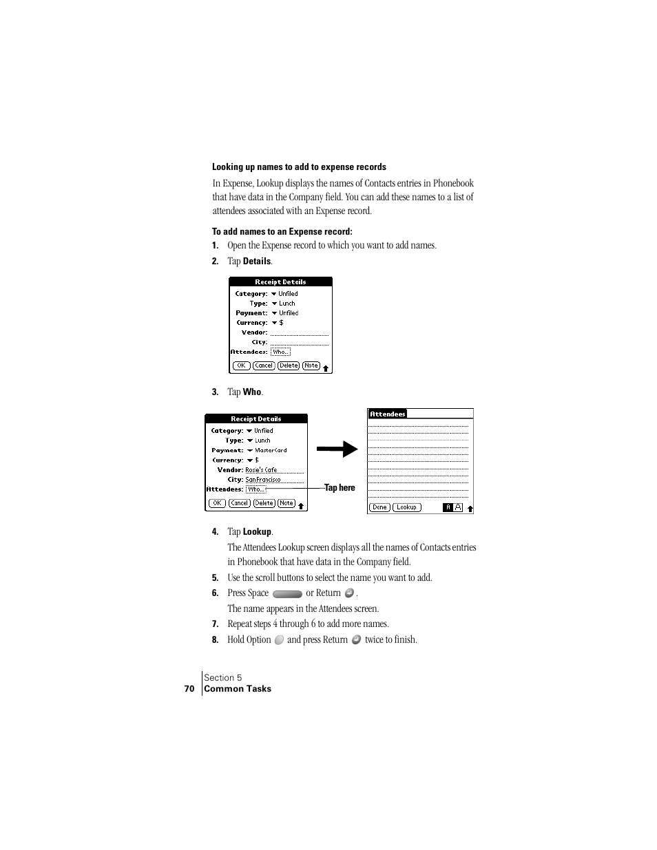 Looking up names to add to expense records | Handspring Treo 300 User Manual | Page 78 / 286