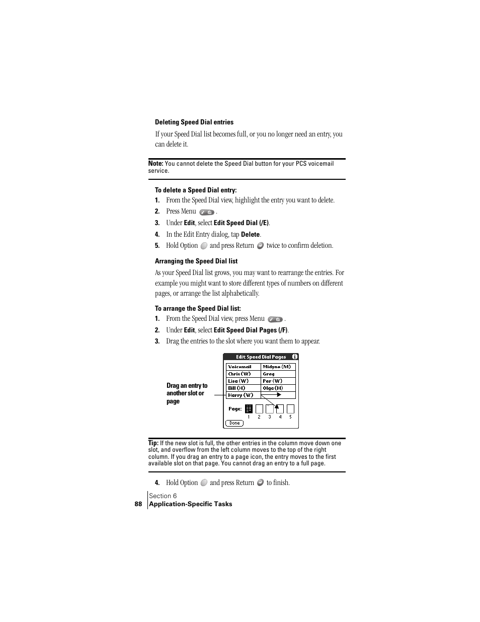 Deleting speed dial entries, Arranging the speed dial list | Handspring Treo 300 User Manual | Page 96 / 286