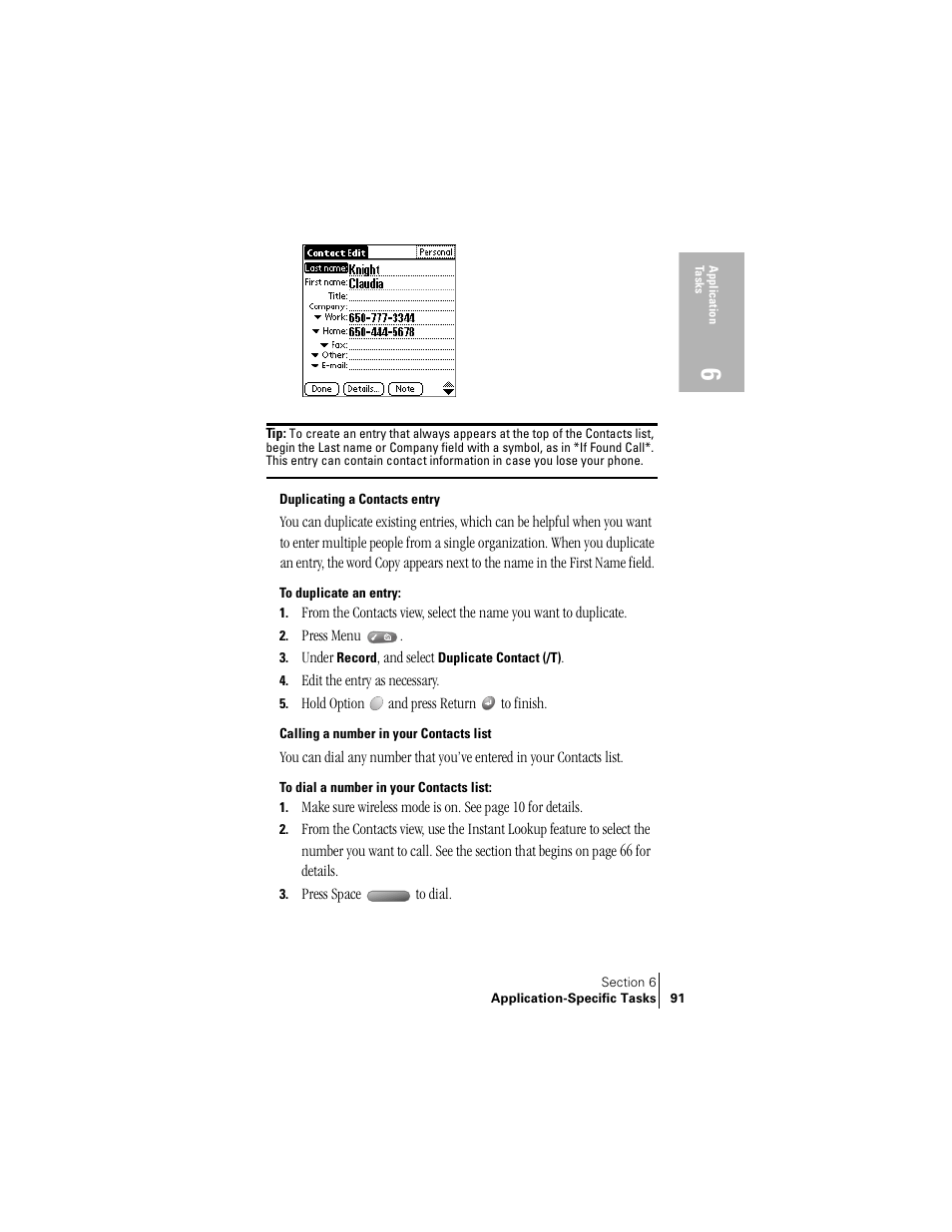 Duplicating a contacts entry, Calling a number in your contacts list | Handspring Treo 300 User Manual | Page 99 / 286