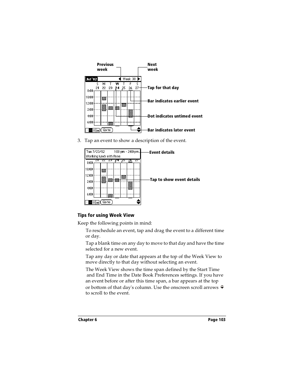 Tips for using week view | Handspring Visor User Manual | Page 103 / 287