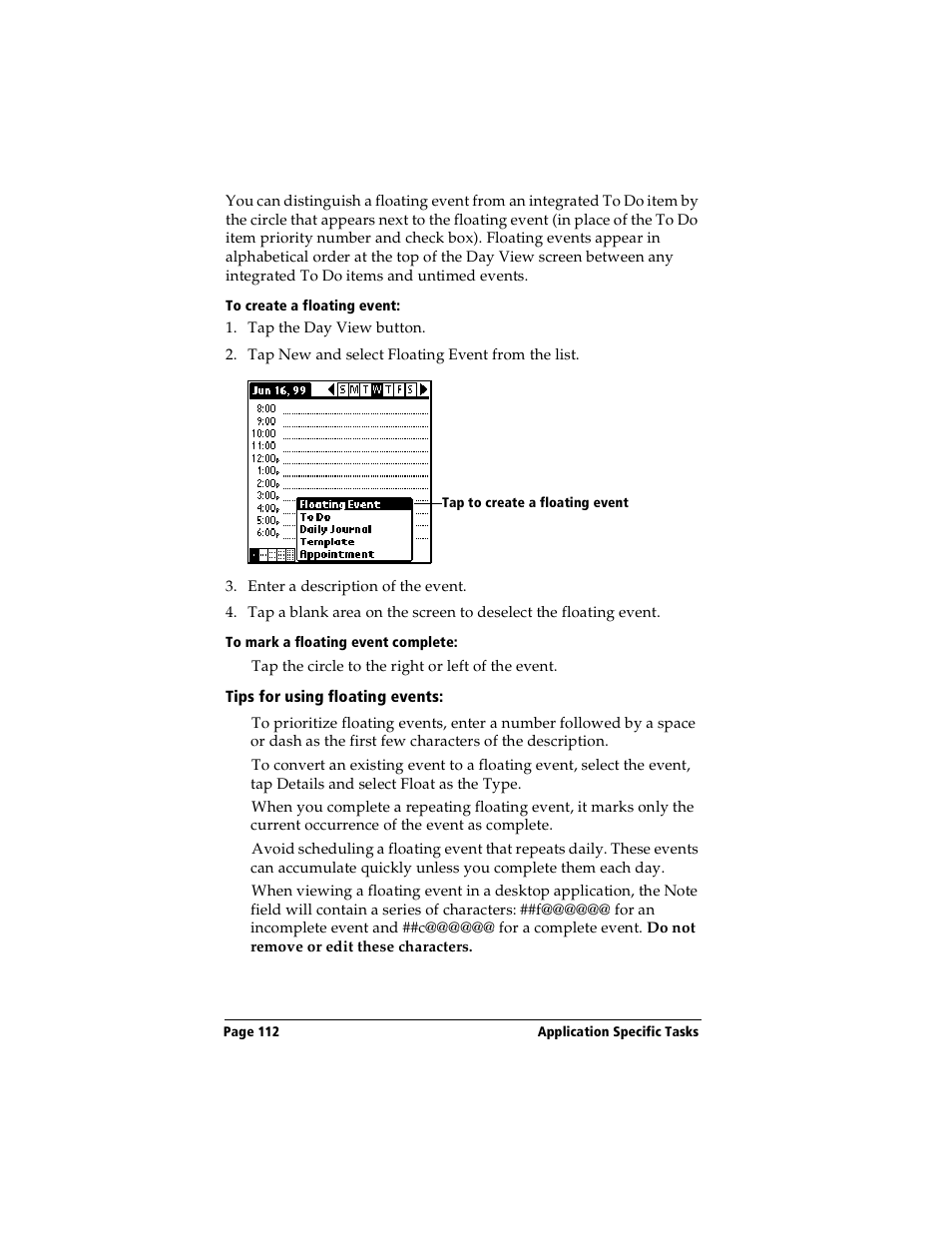 To create a floating event, To mark a floating event complete, Tips for using floating events | Handspring Visor User Manual | Page 112 / 287