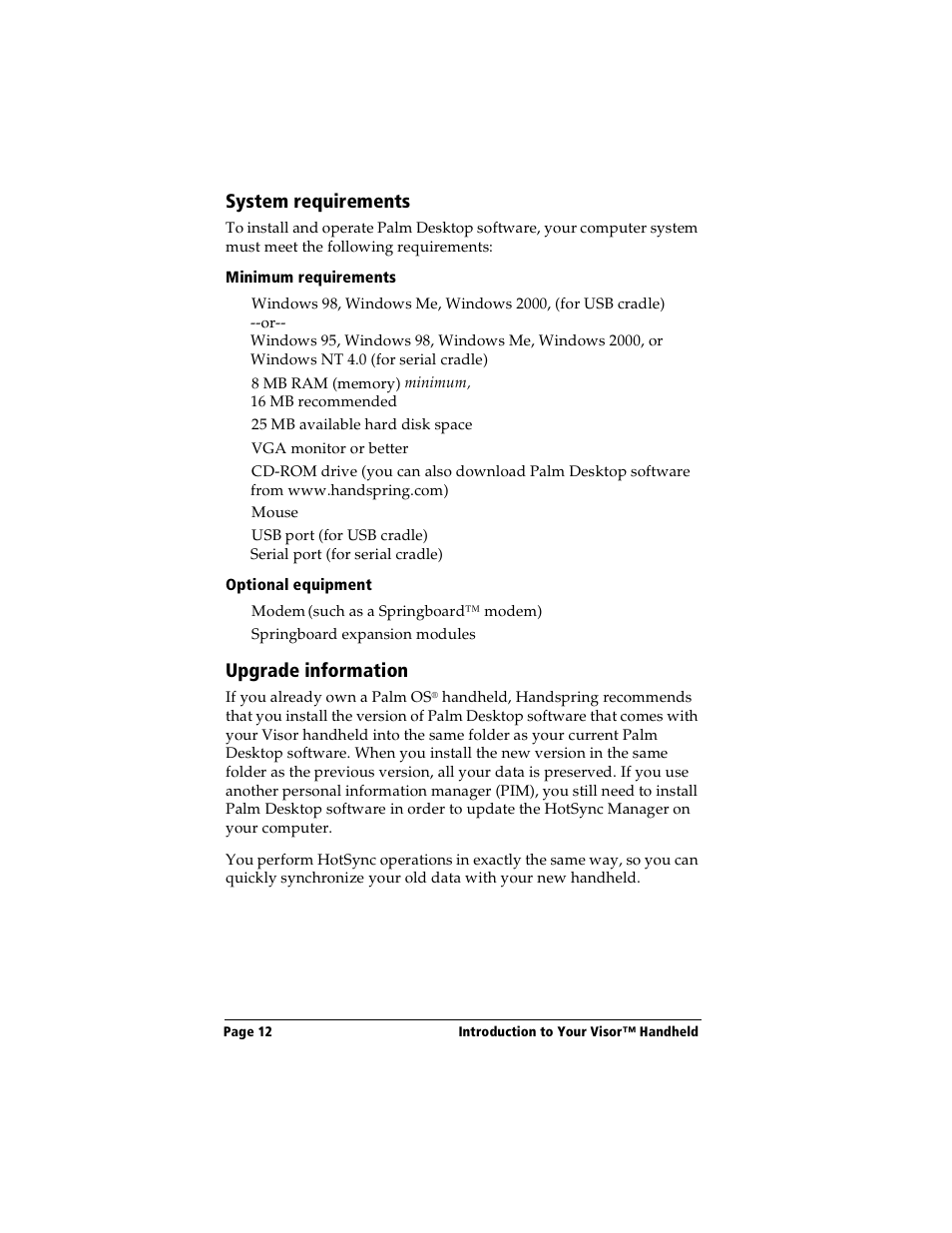 System requirements, Minimum requirements, Optional equipment | Upgrade information, System requirements upgrade information | Handspring Visor User Manual | Page 12 / 287