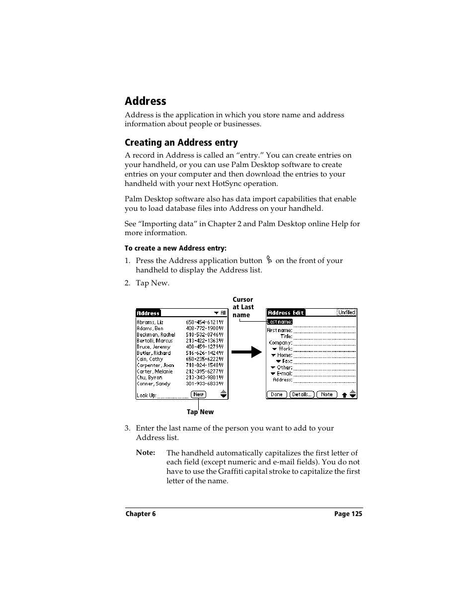 Address, Creating an address entry, To create a new address entry | Handspring Visor User Manual | Page 125 / 287