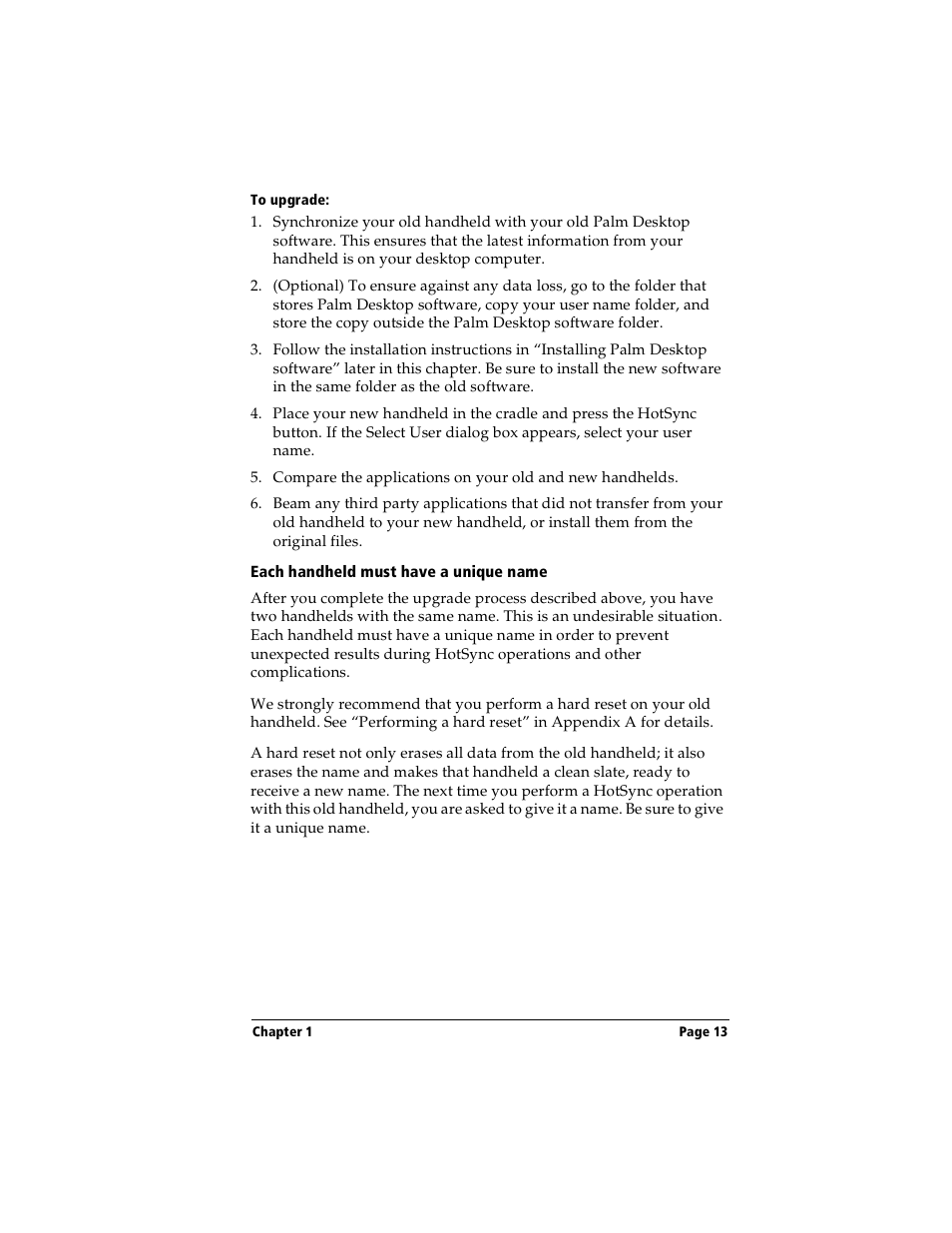 To upgrade, Each handheld must have a unique name | Handspring Visor User Manual | Page 13 / 287
