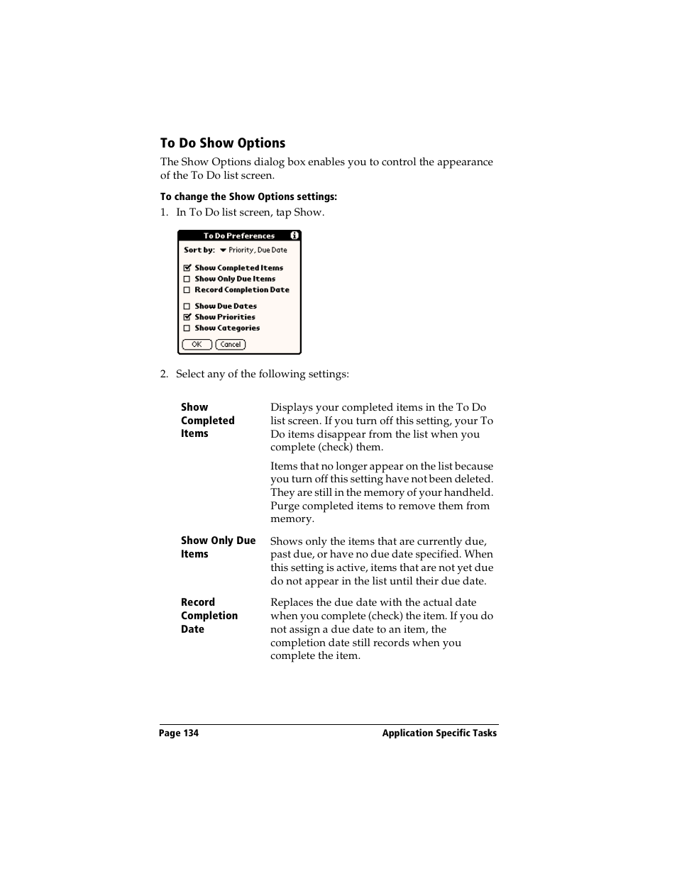 To do show options, To change the show options settings | Handspring Visor User Manual | Page 134 / 287