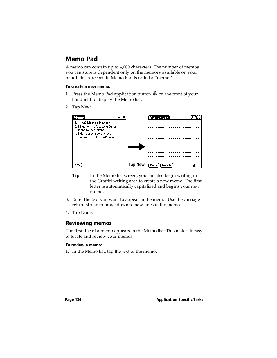 Memo pad, To create a new memo, Reviewing memos | To review a memo, Beaming information | Handspring Visor User Manual | Page 136 / 287
