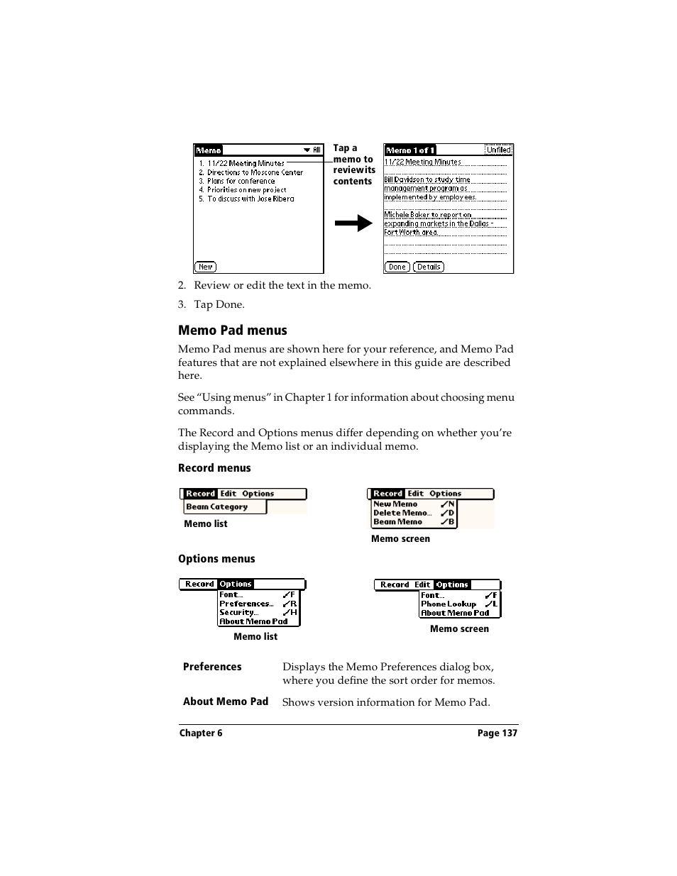 Memo pad menus, Record menus, Options menus | Handspring Visor User Manual | Page 137 / 287