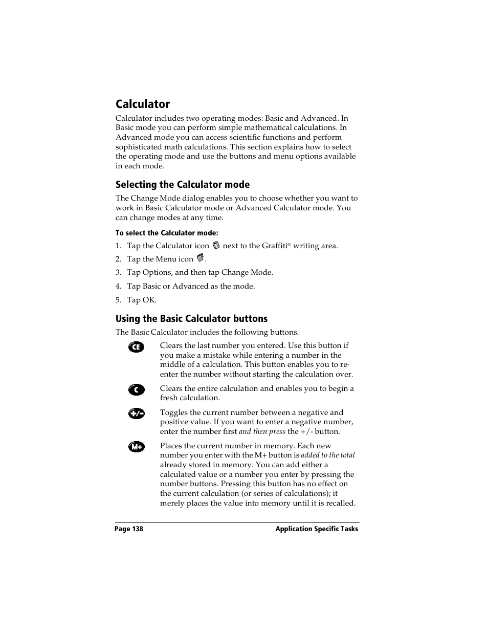 Calculator, Selecting the calculator mode, To select the calculator mode | Using the basic calculator buttons | Handspring Visor User Manual | Page 138 / 287