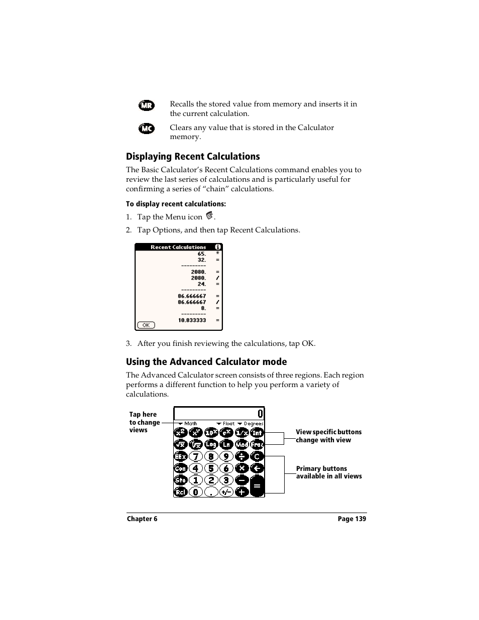 Displaying recent calculations, To display recent calculations, Using the advanced calculator mode | Handspring Visor User Manual | Page 139 / 287