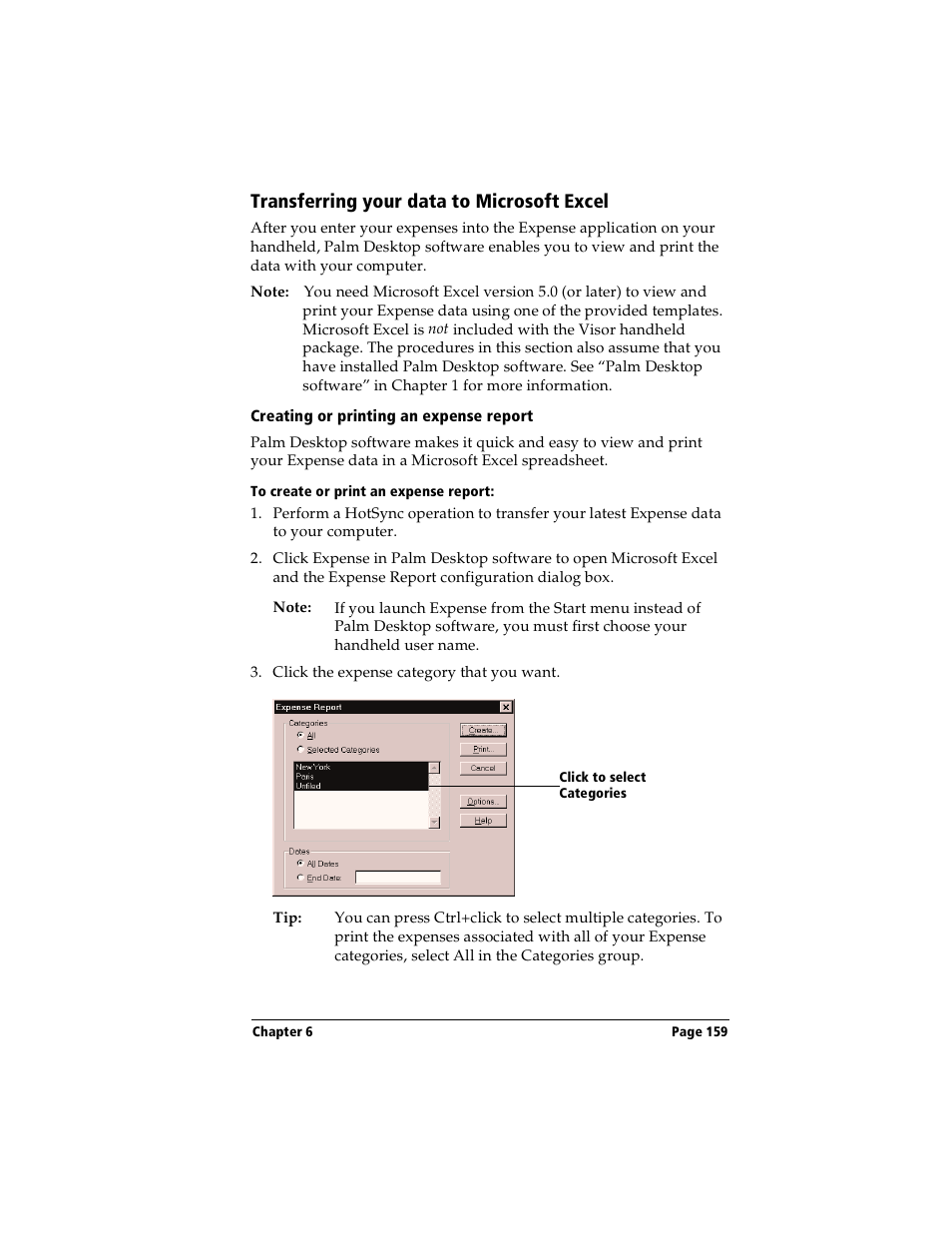 Transferring your data to microsoft excel, Creating or printing an expense report, To create or print an expense report | See “transferring your data to microsoft excel” l | Handspring Visor User Manual | Page 159 / 287