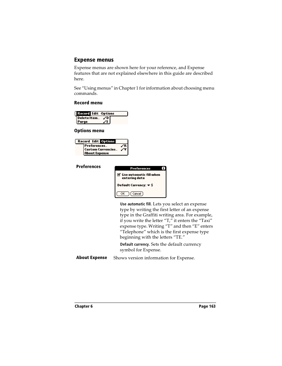 Expense menus, Record menu, Options menu | Options menu” l | Handspring Visor User Manual | Page 163 / 287