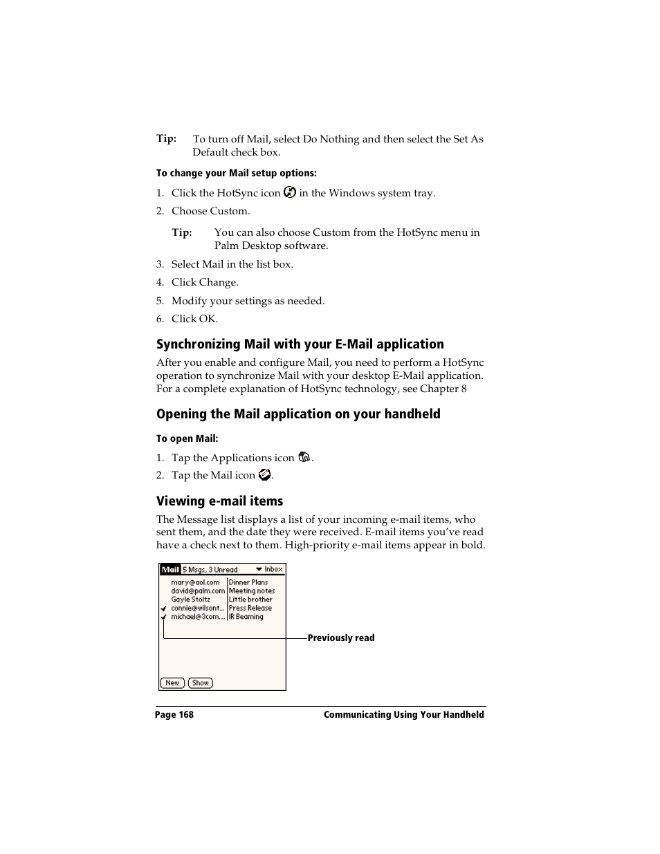 To change your mail setup options, Synchronizing mail with your e-mail application, Opening the mail application on your handheld | To open mail, Viewing e-mail items | Handspring Visor User Manual | Page 168 / 287