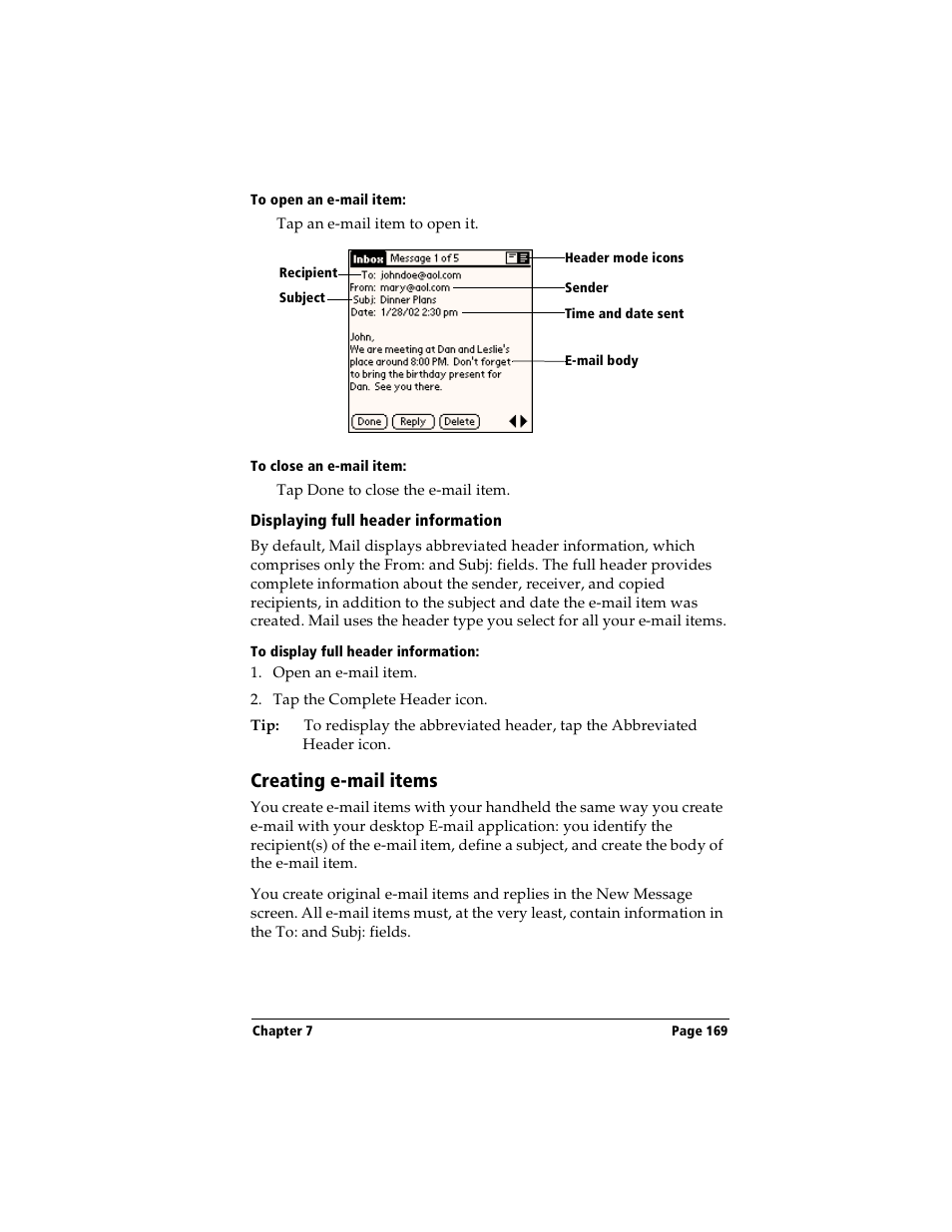 To open an e-mail item, To close an e-mail item, Displaying full header information | To display full header information, Creating e-mail items | Handspring Visor User Manual | Page 169 / 287