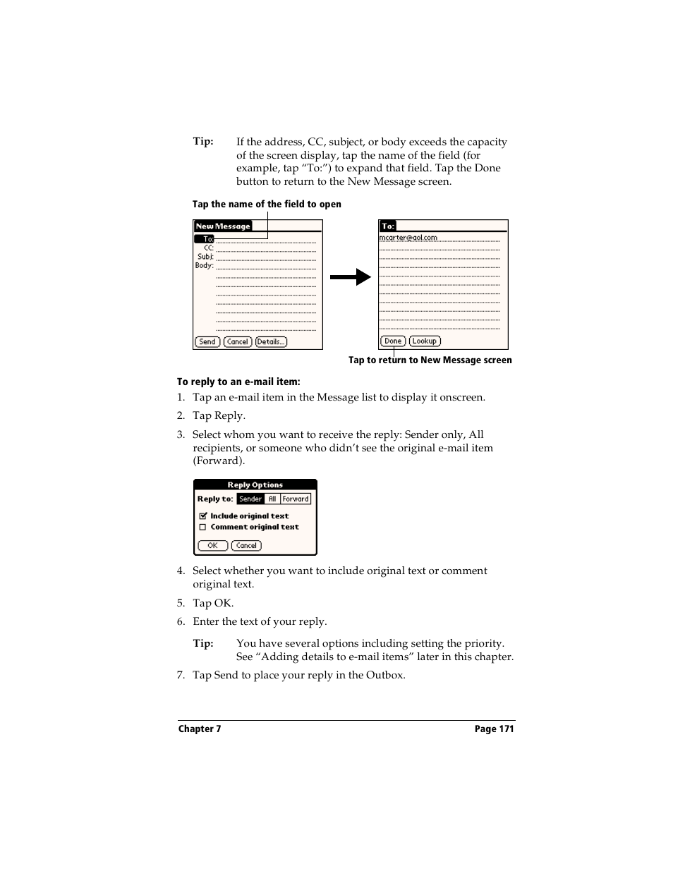 To reply to an e-mail item | Handspring Visor User Manual | Page 171 / 287