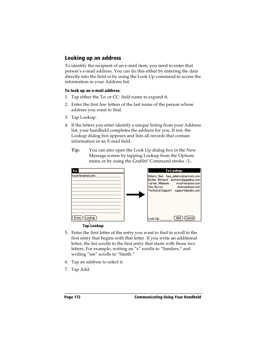 Looking up an address, To look up an e-mail address | Handspring Visor User Manual | Page 172 / 287