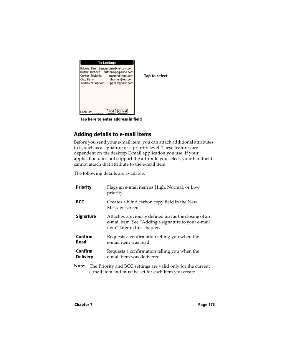 Adding details to e-mail items | Handspring Visor User Manual | Page 173 / 287