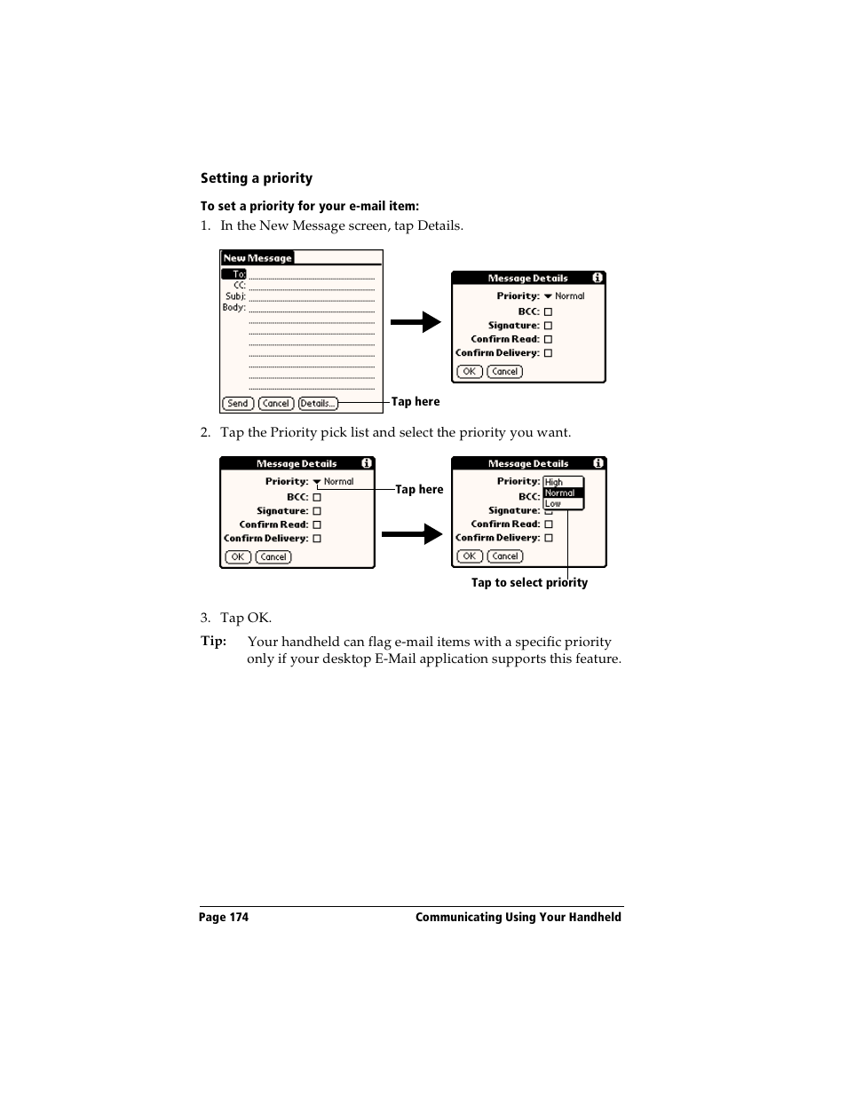 Setting a priority, To set a priority for your e-mail item | Handspring Visor User Manual | Page 174 / 287