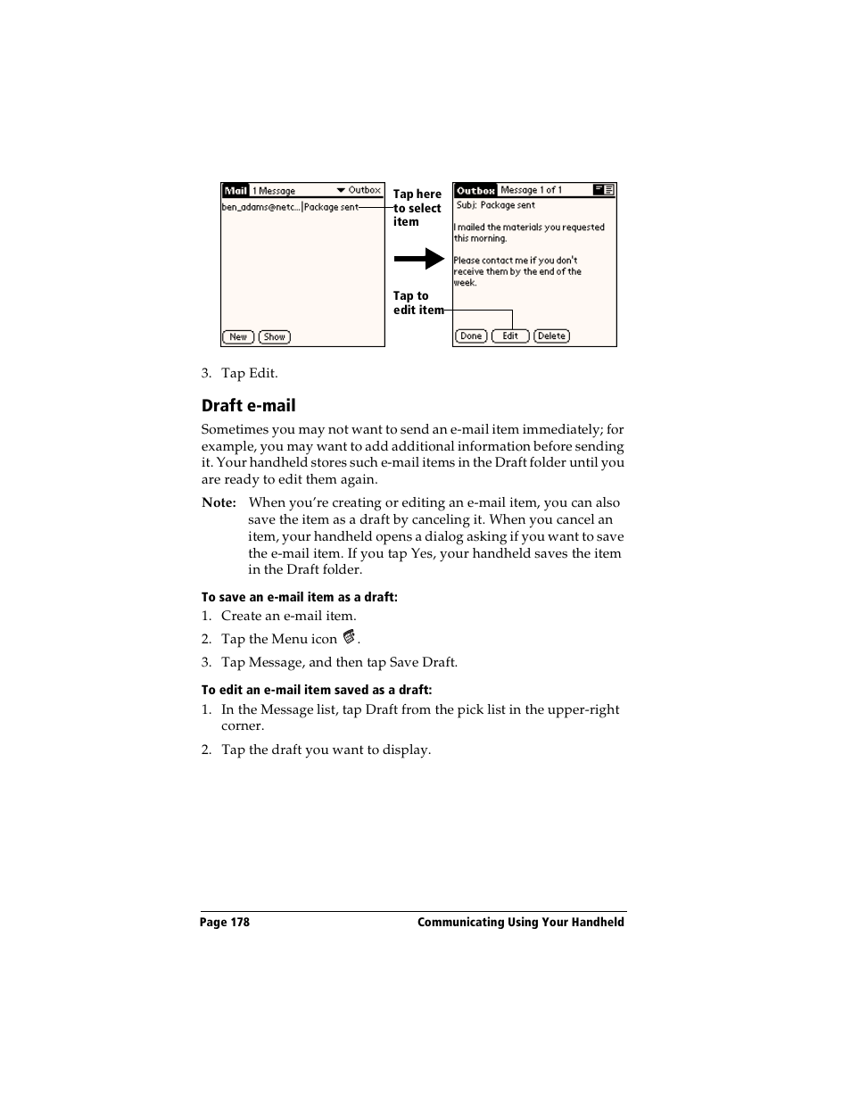 Draft e-mail, To save an e-mail item as a draft, To edit an e-mail item saved as a draft | Handspring Visor User Manual | Page 178 / 287