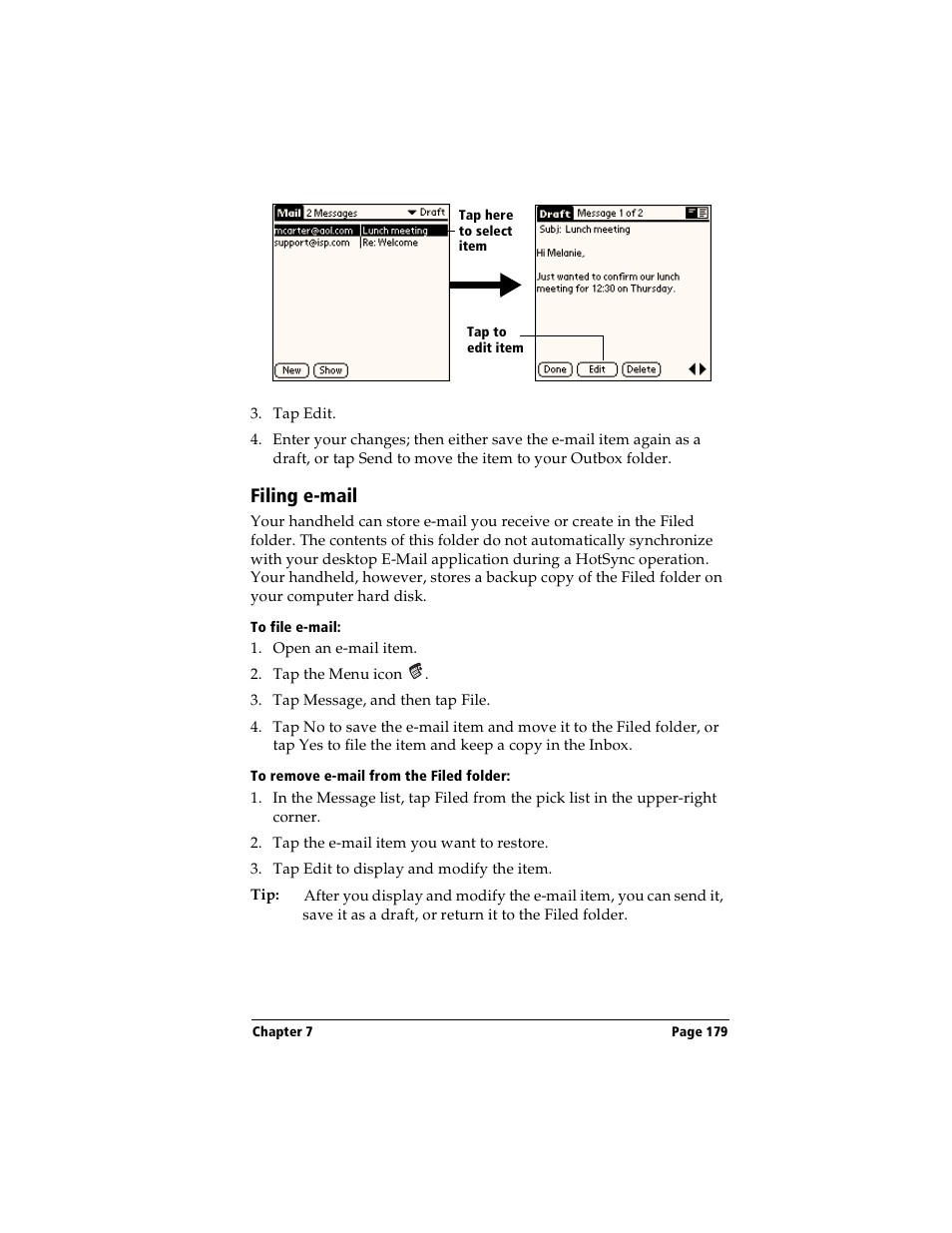 Filing e-mail, To file e-mail, To remove e-mail from the filed folder | Handspring Visor User Manual | Page 179 / 287