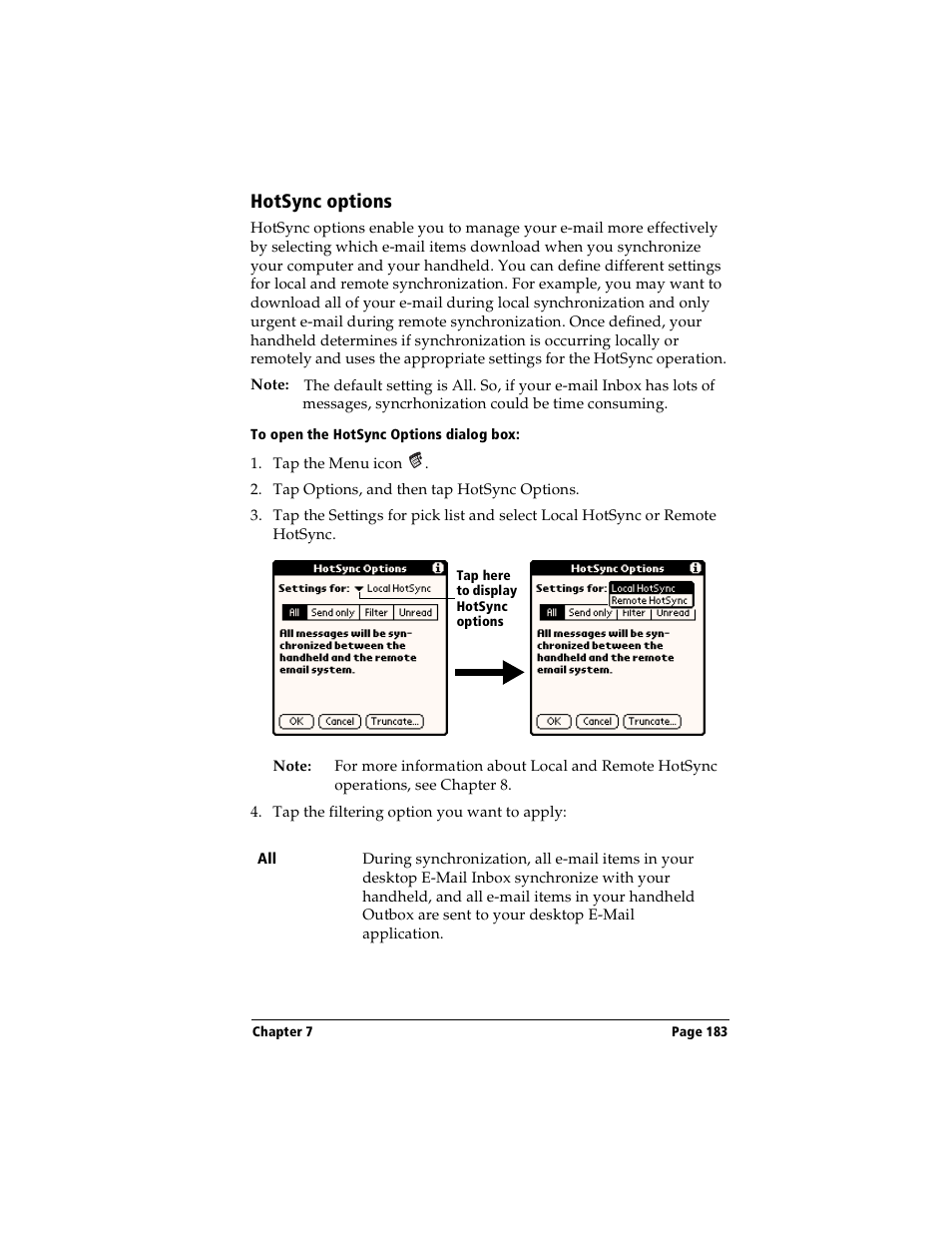 Hotsync options, To open the hotsync options dialog box | Handspring Visor User Manual | Page 183 / 287