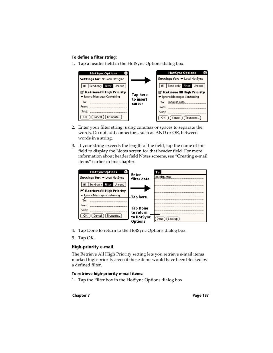 To define a filter string, High-priority e-mail, To retrieve high-priority e-mail items | Handspring Visor User Manual | Page 187 / 287