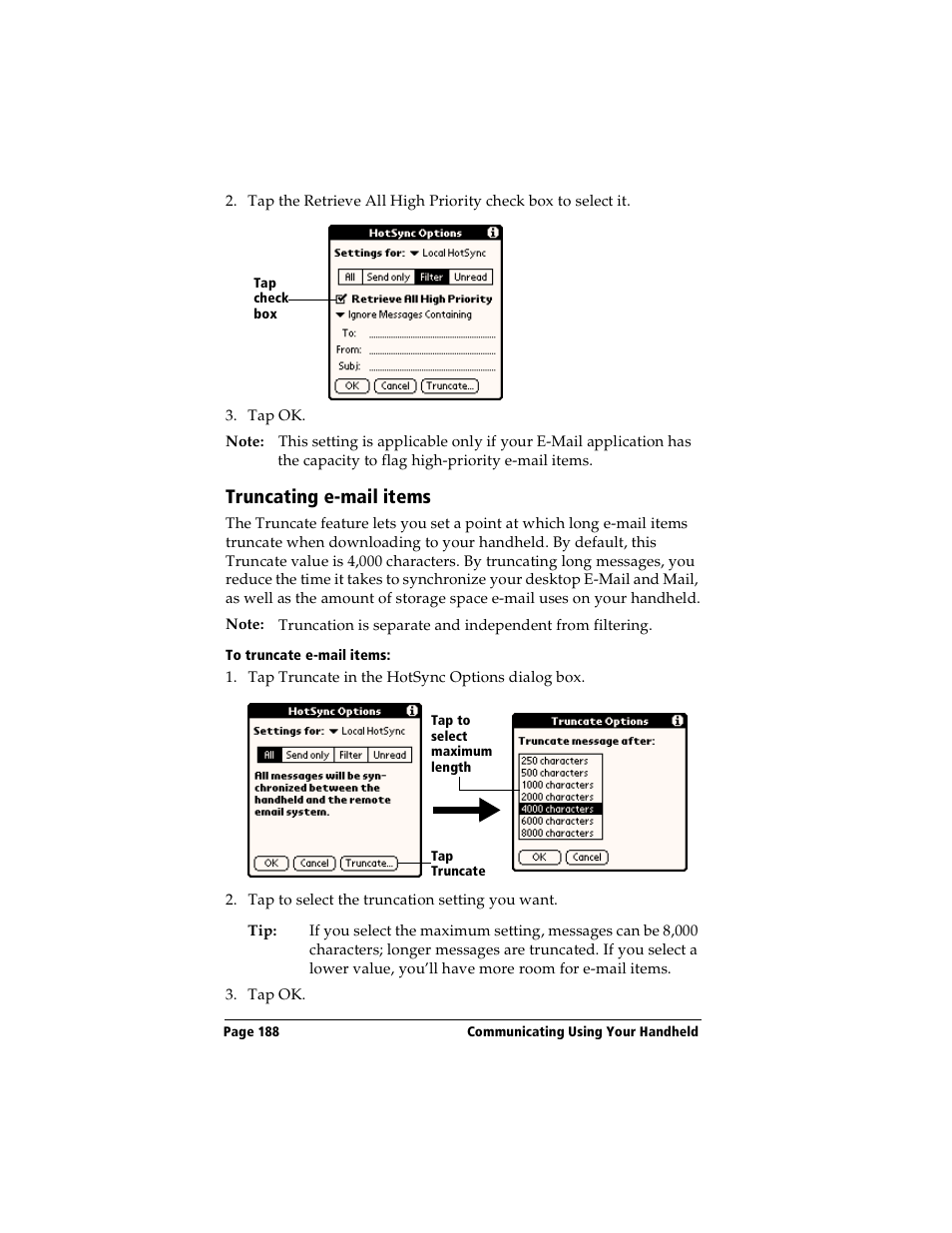 Truncating e-mail items, To truncate e-mail items | Handspring Visor User Manual | Page 188 / 287