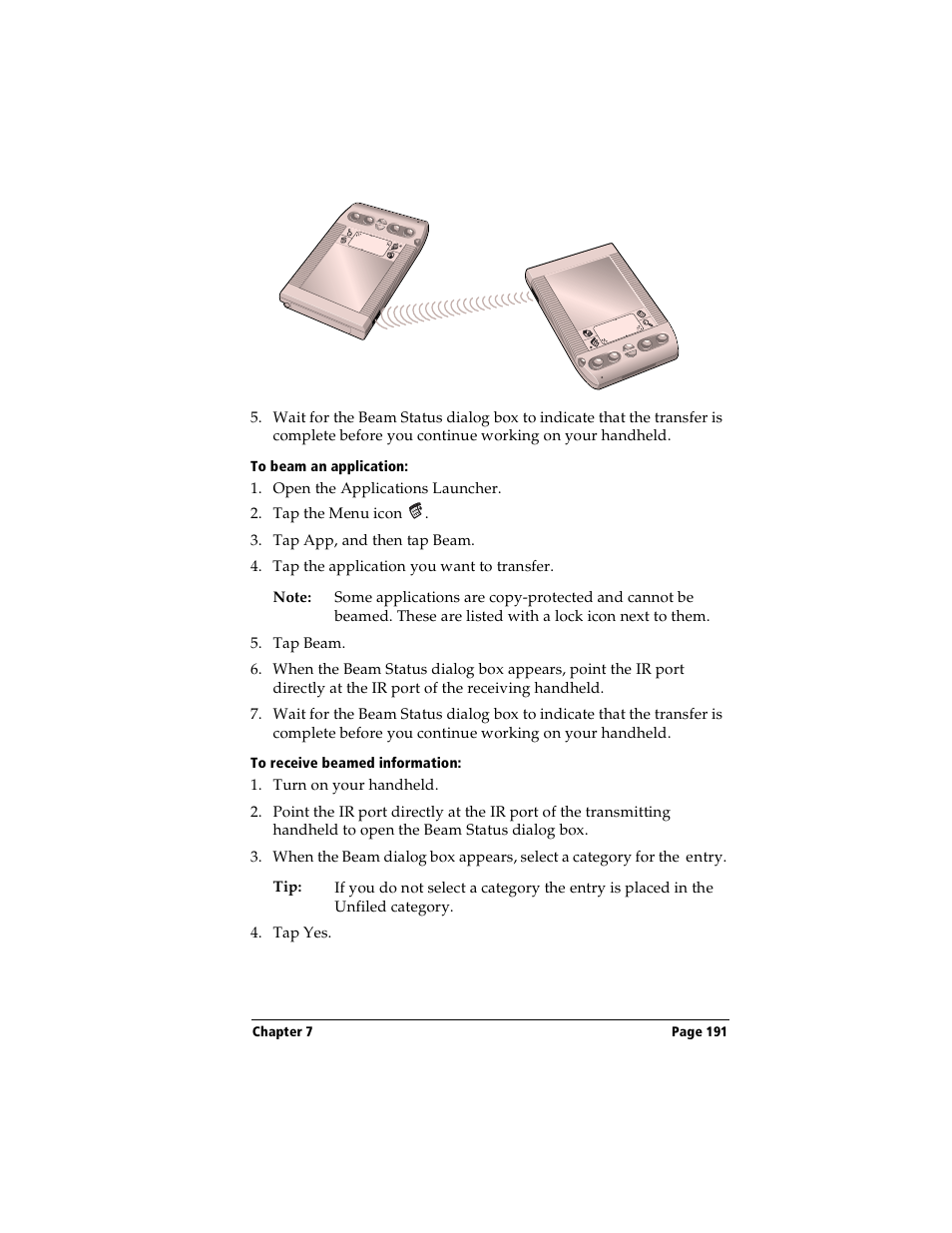 To beam an application, To receive beamed information | Handspring Visor User Manual | Page 191 / 287