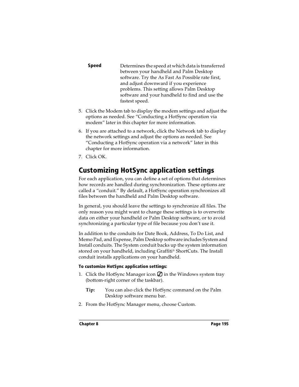 Customizing hotsync application settings, To customize hotsync application settings | Handspring Visor User Manual | Page 195 / 287