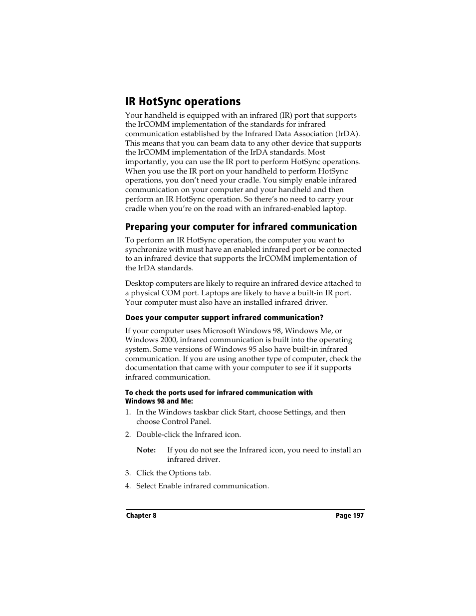 Ir hotsync operations, Preparing your computer for infrared communication, Does your computer support infrared communication | Handspring Visor User Manual | Page 197 / 287