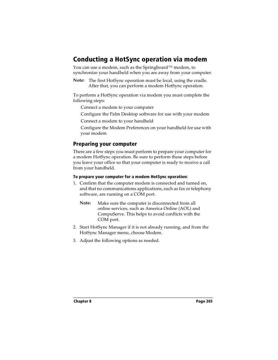 Conducting a hotsync operation via modem, Preparing your computer | Handspring Visor User Manual | Page 203 / 287