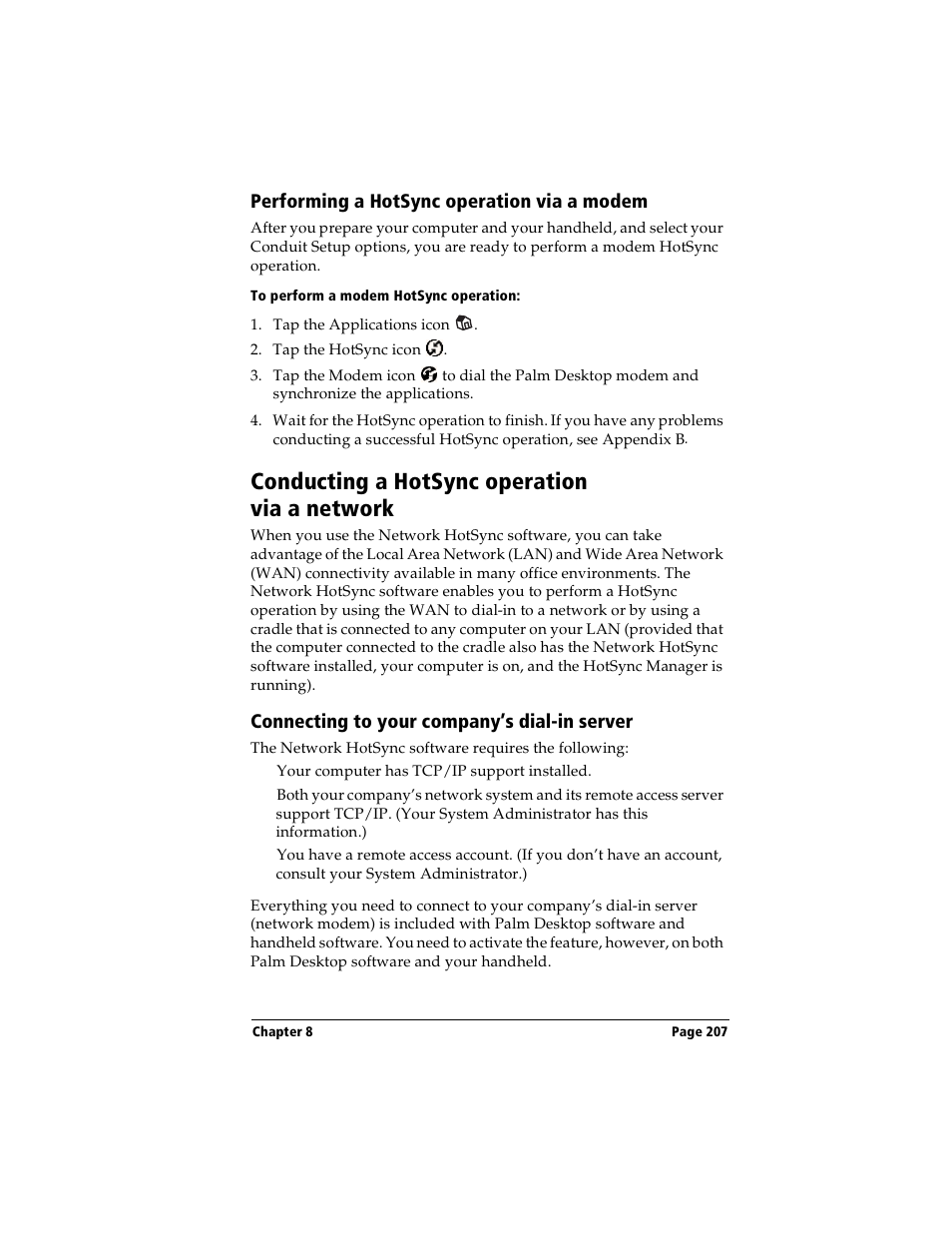 Performing a hotsync operation via a modem, To perform a modem hotsync operation, Conducting a hotsync operation via a network | Connecting to your company’s dial-in server | Handspring Visor User Manual | Page 207 / 287