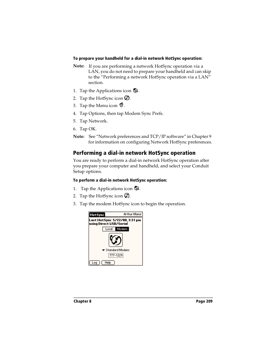 Performing a dial-in network hotsync operation, To perform a dial-in network hotsync operation | Handspring Visor User Manual | Page 209 / 287