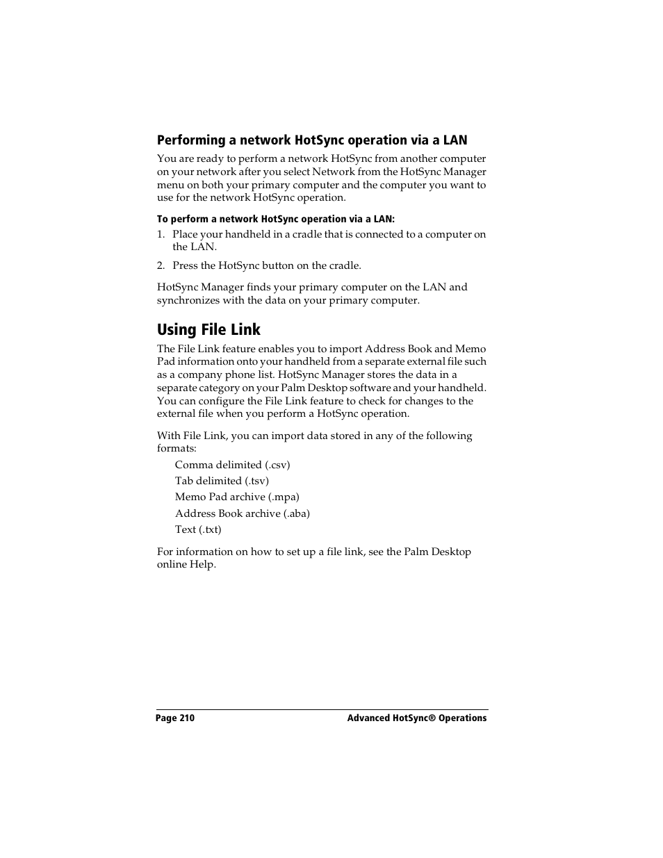 Performing a network hotsync operation via a lan, To perform a network hotsync operation via a lan, Using file link | Handspring Visor User Manual | Page 210 / 287