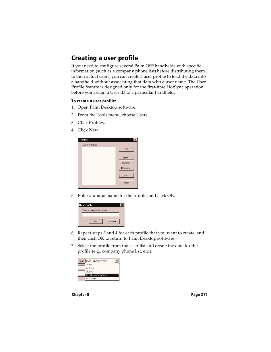 Creating a user profile, To create a user profile, E. see “creating a user profile” in chapter 8 | Handspring Visor User Manual | Page 211 / 287