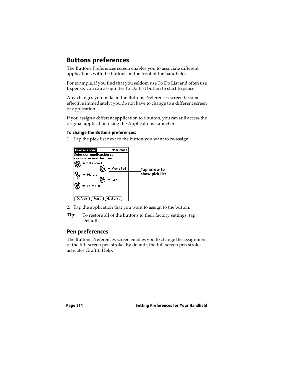 Buttons preferences, To change the buttons preferences, Pen preferences | Handspring Visor User Manual | Page 214 / 287