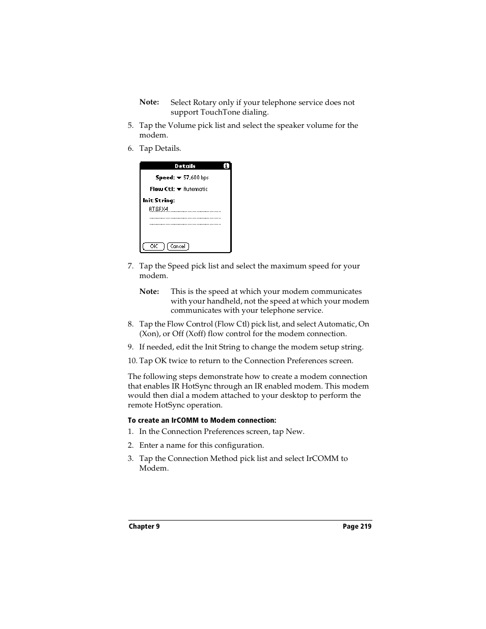 To create an ircomm to modem connection | Handspring Visor User Manual | Page 219 / 287