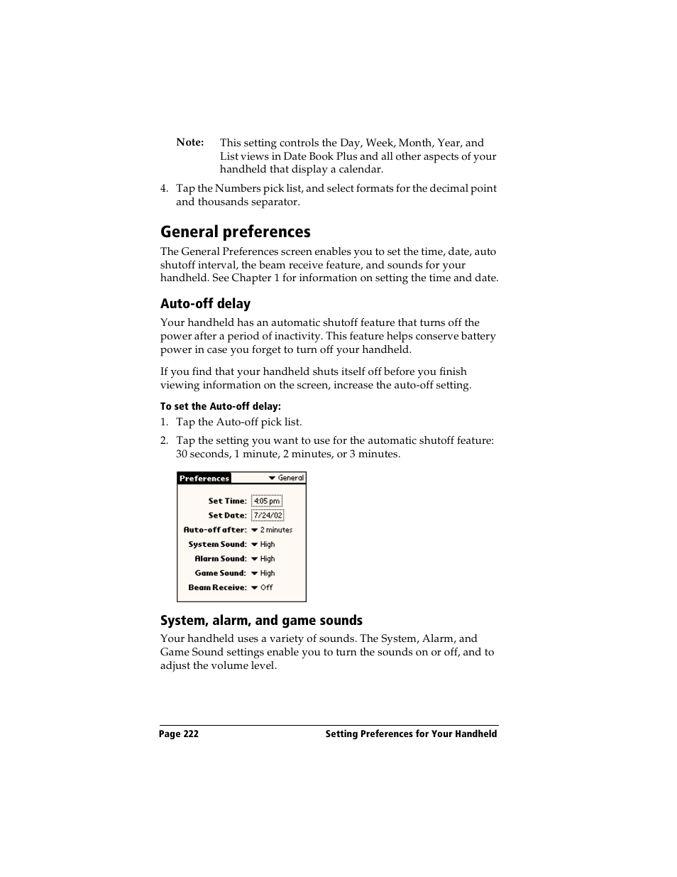 General preferences, Auto-off delay, To set the auto-off delay | System, alarm, and game sounds, Auto-off delay system, alarm, and game sounds | Handspring Visor User Manual | Page 222 / 287