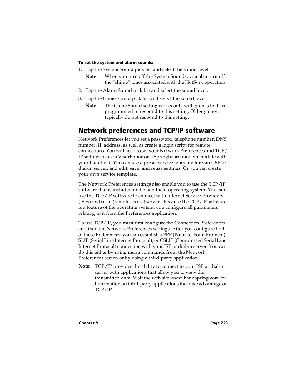 To set the system and alarm sounds, Network preferences and tcp/ip software | Handspring Visor User Manual | Page 223 / 287