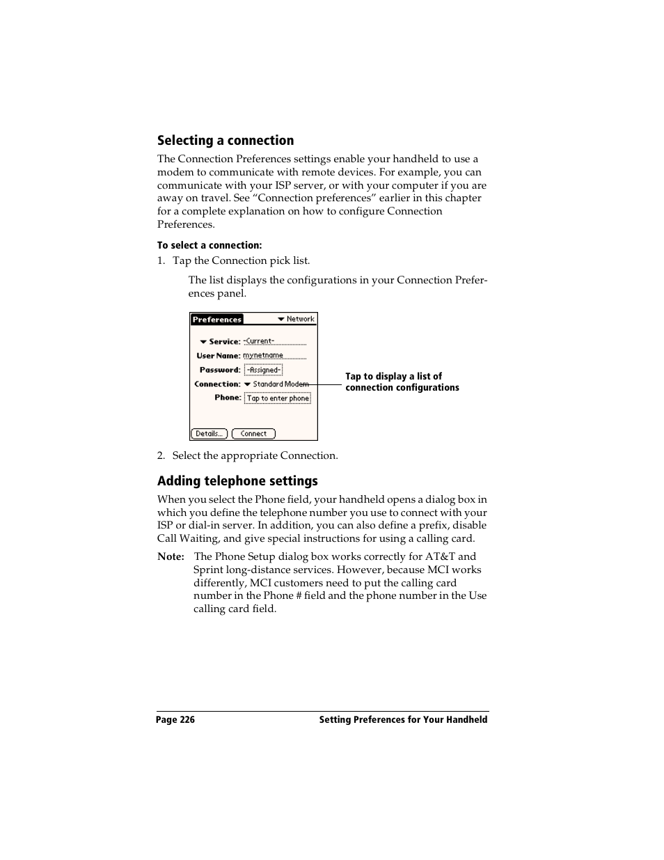 Selecting a connection, To select a connection, Adding telephone settings | Selecting a connection adding telephone settings | Handspring Visor User Manual | Page 226 / 287